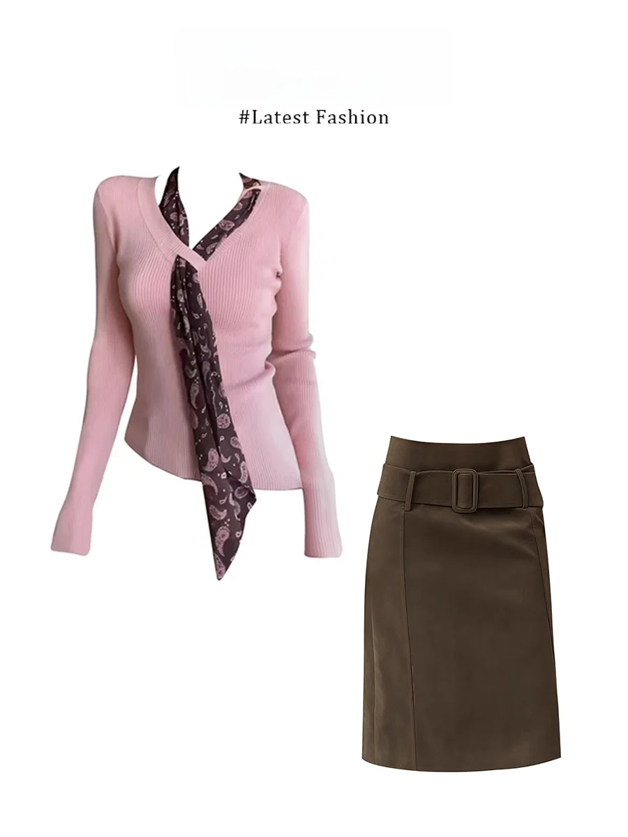 

Зимний комплект 2025: Новинка! Теплый вязаный джемпер с V-образным вырезом и юбка-карандаш с завышенной талией. Модный женский комплект с длинным рукавом на молнии, средней толщины.