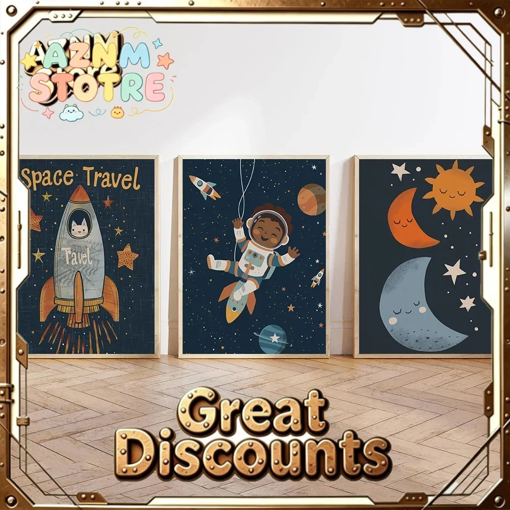 Dreamy Space Galaxy Astronaut Nursery Posters Colorful Planet Sleepy Celestial Prints Canvas Wall Picture Home Living Room De