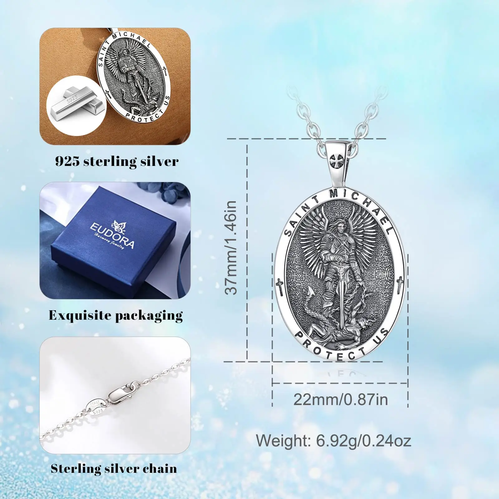 Eudora 925 Sterling Silver Saint Michael Archangel Medal Necklace St.Michael Protection Pendant Christian Jewelry Gift for Men