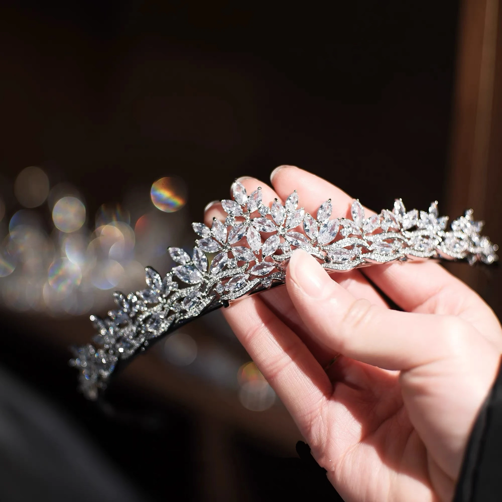 عصابات رأس على شكل تاج من الزركون الملكي للعرائس المتلألئة، هدايا لإكسسوارات شعر الزفاف #6