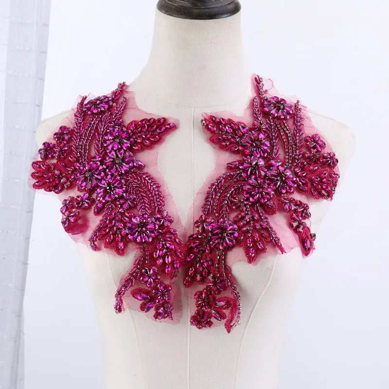 Beaded floral appliqués, hand-sewn rhinestone symmetrical floral patterns, garment accessories, fabric patches
