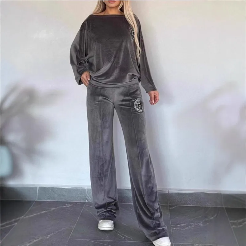 

Fashion Golden Velvet Solid Color O Neck Bat Long Sleeve Two Piece Spring Autumn New Casual Loose Pocket Pants Women Suit