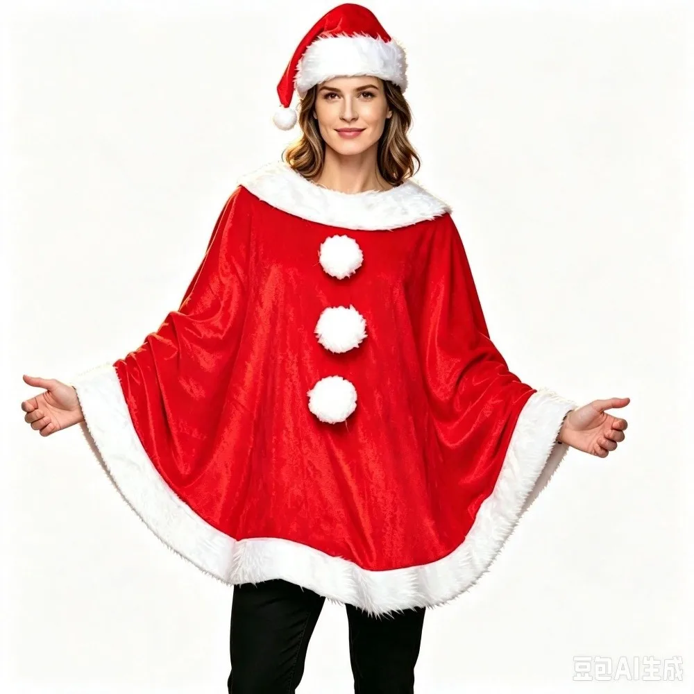 Modischer Polyester-Weihnachtsmantel und Hut, Plüsch, dicker Weihnachtsumhang, winddichter Schal, Weihnachtsmann-Kostüm für Kinder – Detail 9