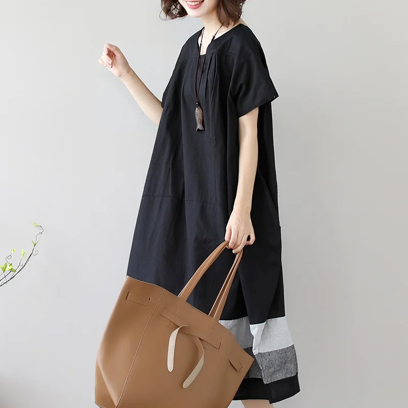 Zomer nieuwe plus size afslankende Koreaanse Sle gestreepte ort Sve vierkante kraag Dr katoen linnen losse midi op rok