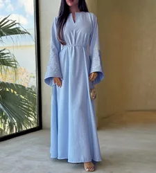 Nuovo lino palestina ricamo musulmano vestito con cintura Kufiyah modesto Abaya Ramadan chiuso Abaya donne abbigliamento musulmano vestito Casual