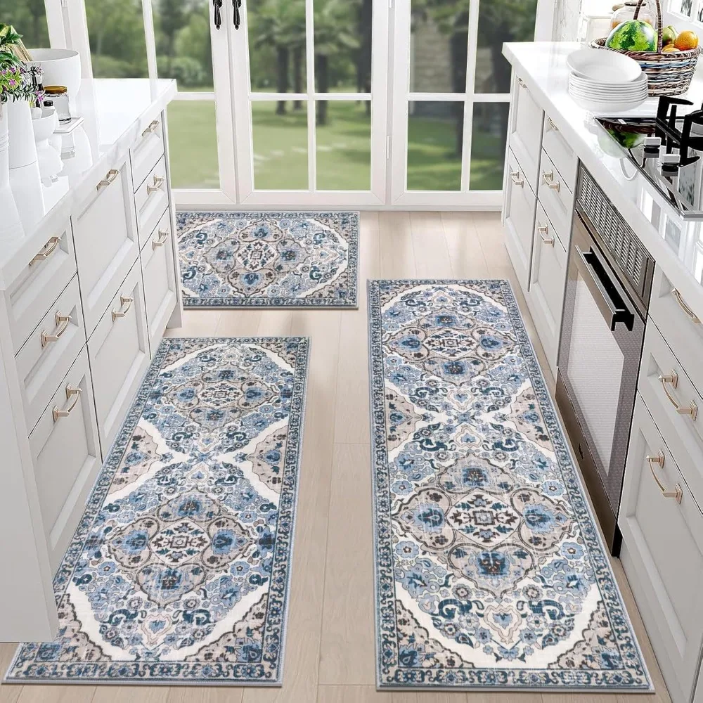 

HEBE Farmhouse Kitchen Rugs Set: 3-Piece Non-Slip Washable Boho Style Rugs and Mats for Kitchen Flooring