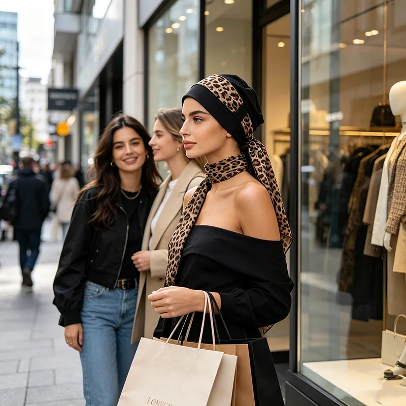 Neuer Muslimischer Hijab für Frauen, Bedruckter Stretch-Turban, Vorgebundene Chemo-Mütze, Bandana, Kopftuch für Krebspatienten und Haarausfall – Detail 3