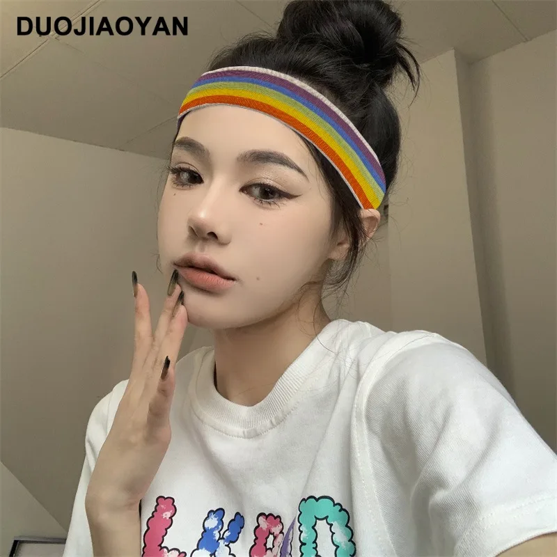 

New Fashion Alphabet Knitting Plaid Rainbow Elastic Wide Brim Hair Band Sports Sweat-Absorbent Antiperspirant Headband For Women