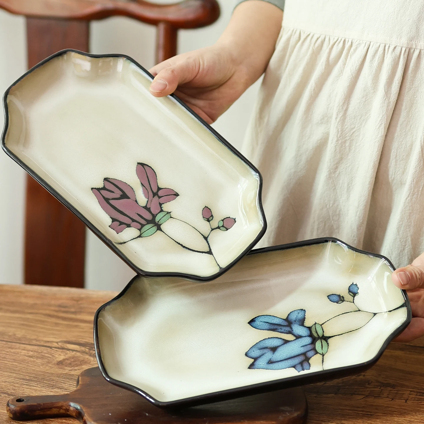 

New Chinese Style Ceramic Fish Plate Hand-Painted Underglaze Long Rectangle Tray Salad Plate Design Floral Pattern