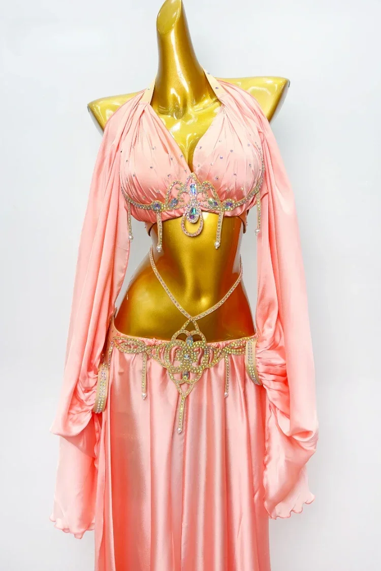 Orientalisches Bauchtanzkostüm, 2-teilig, Damen, Satin-BH, langer Rock mit Schlitz, für Erwachsene, Größe M/L, Bühnenoutfit – Detail 6