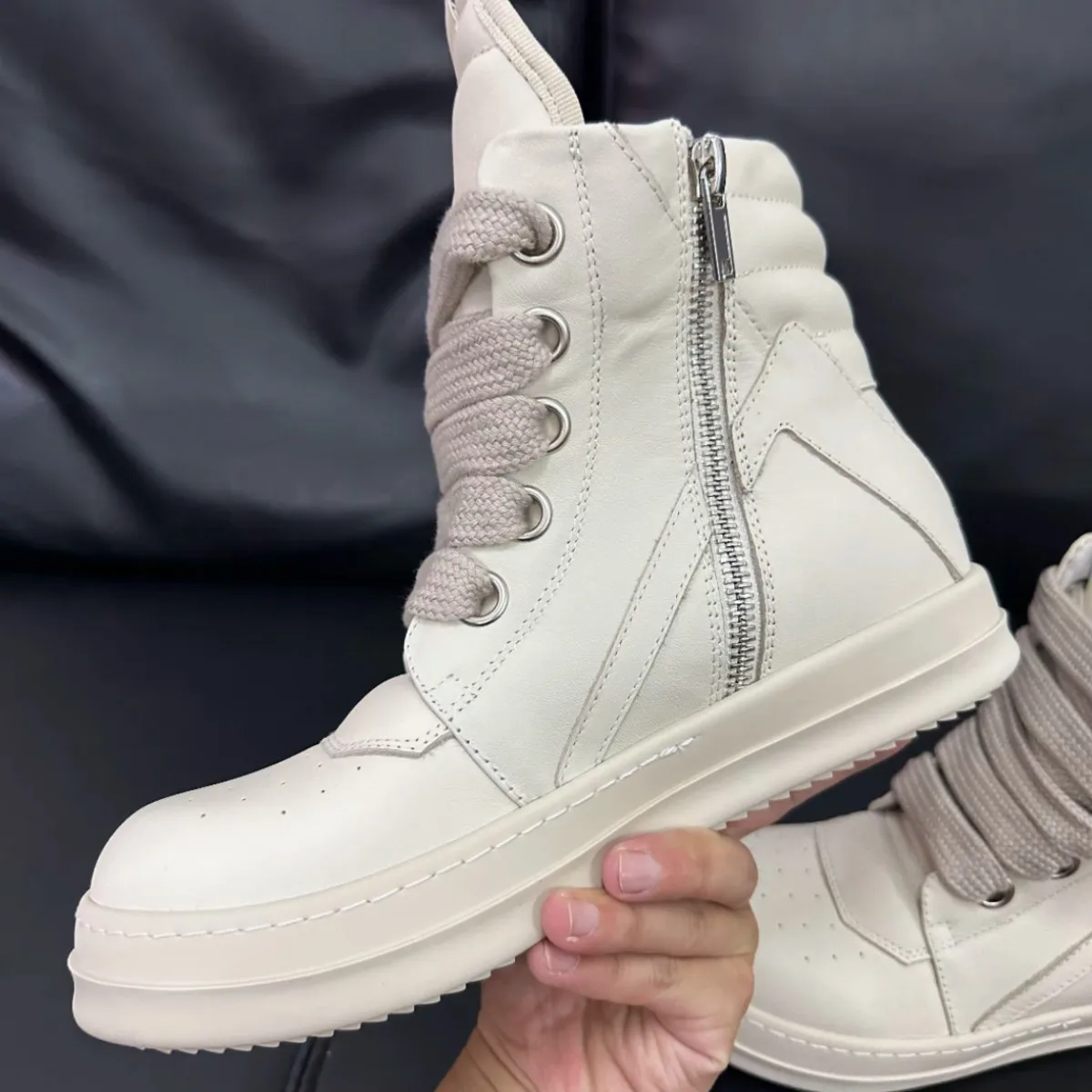 

Ro Outdoor Sneakers Men Shoe Ivory White Leather Boots High Top Casual Shoes Jumbo Laces Classic Zipper Women Sneaker Ankle Boot