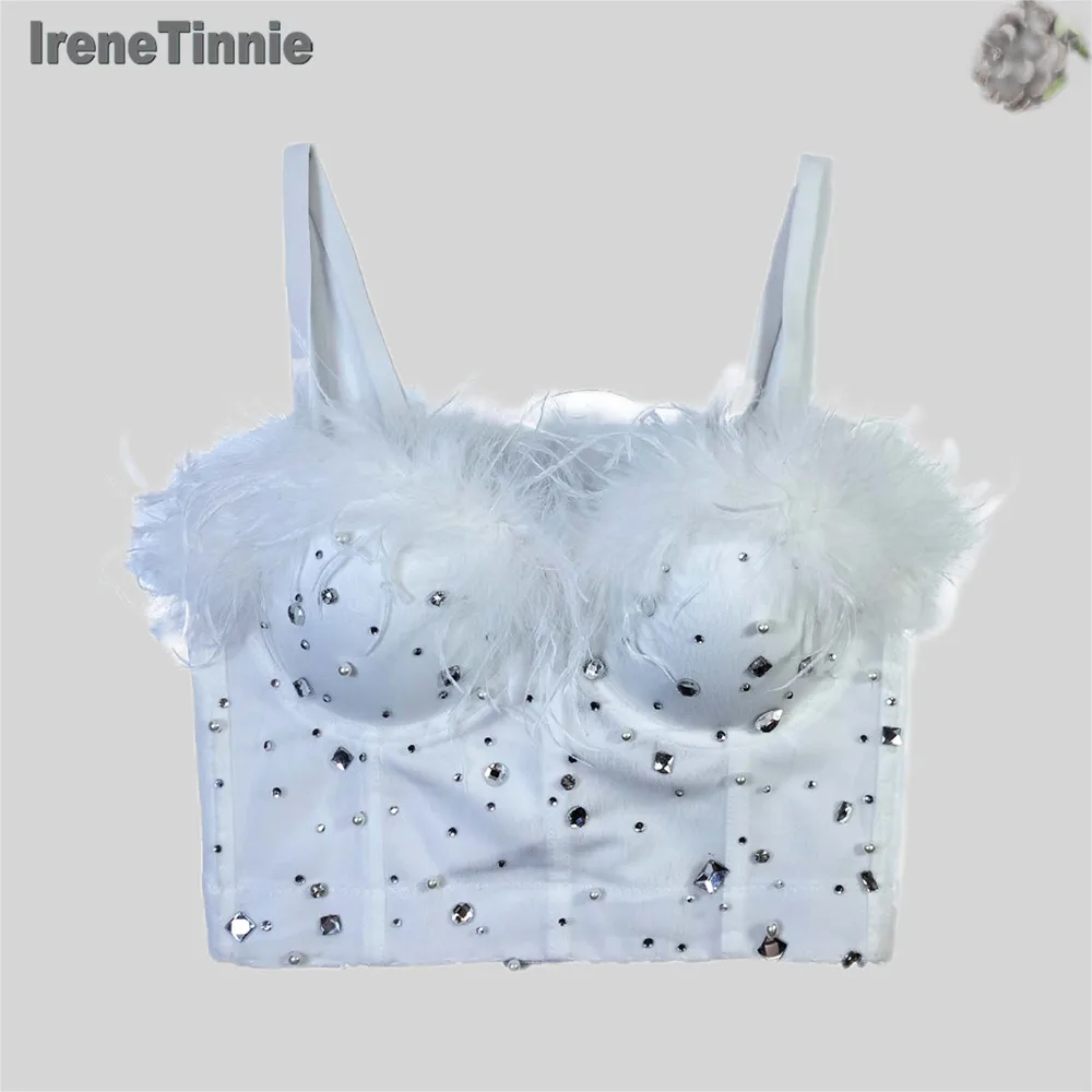 IRENE TINNIE 2024 Fashion Feather Acrylic  Women's Y2k Bustier Bra Wedding Corset Party Cropped Top Vest Ropa De Muje Plus Size