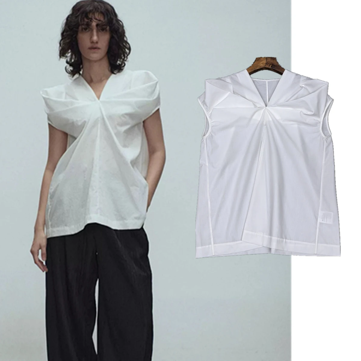 

Maxdutti Minimalist White V-neck Structured Pleated Design Short-sleeved Blouse Women Top French Casual Summer Shirt