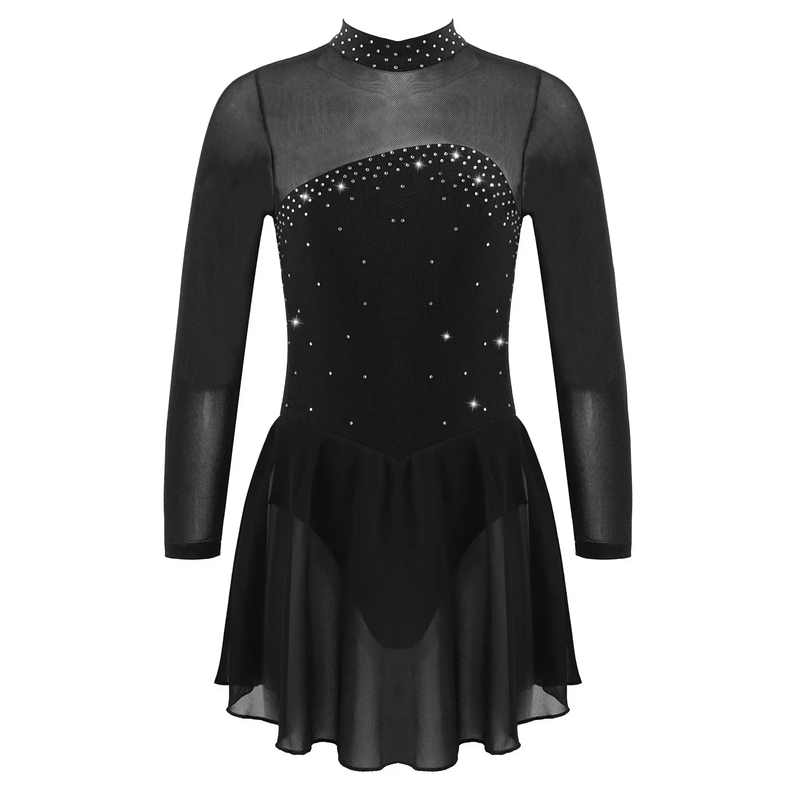 Girls Shiny Rhinestone Sheer Mesh Ballet Dance Leotard Dress Kids Long Sleeves Keyhole Back Ice Skating Performance Show Costume