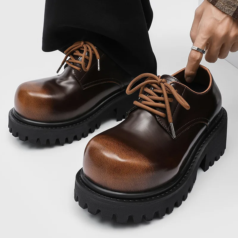 Retro Thick Bottom Heightening Derby Men's Autumn Large Head Work Boot Low Help Yellow Boots Casual Shoes Breathable Synthetic