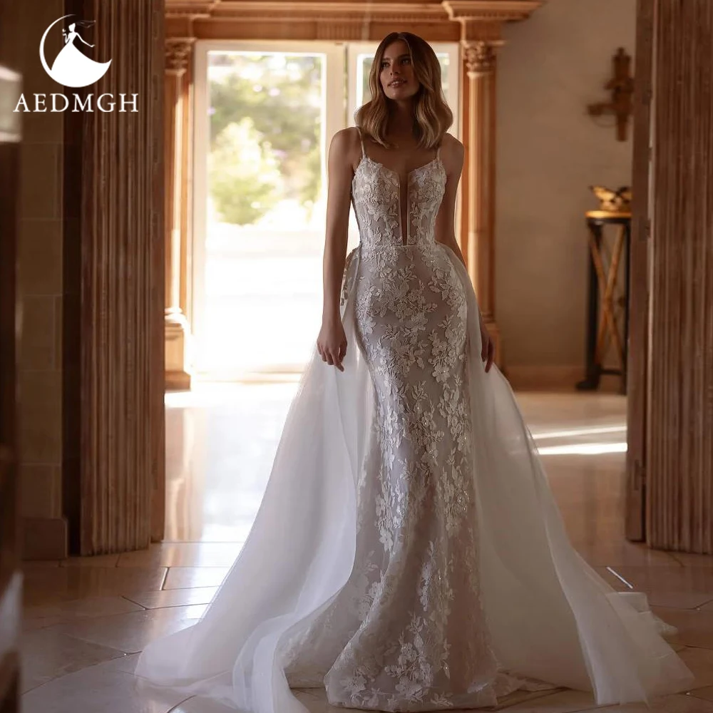 

Aedmgh Mermaid Sexy Wedding Dresses Sweetheart Spaghetti Straps Vestido De Novia Lace Appliques 2 In 1 Custom Made Bridal Gown