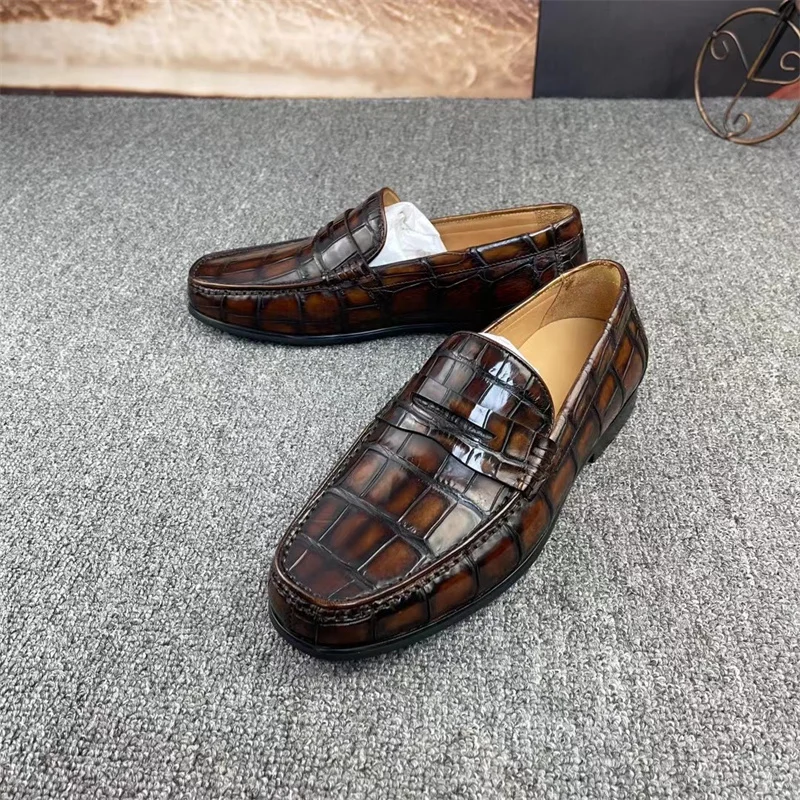 Authentic Exotic Crocodile Skin Hand Painted Color Men's Chic Moccasins Genuine Real Crocodile Leather Male Slip-on Dress Shoes
