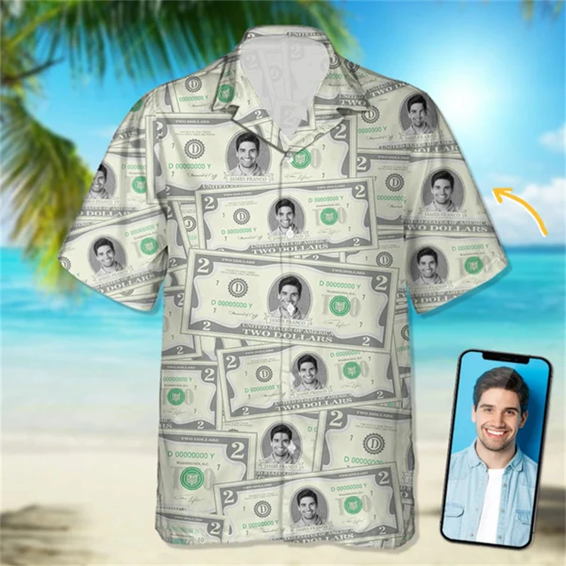 Hawaiian Shirts Custom Face 3d Diy Dollar Print Buttons Shirt Short Sleeve Sleeve Hawaii Designer Shirts Man Clothing New Blouse