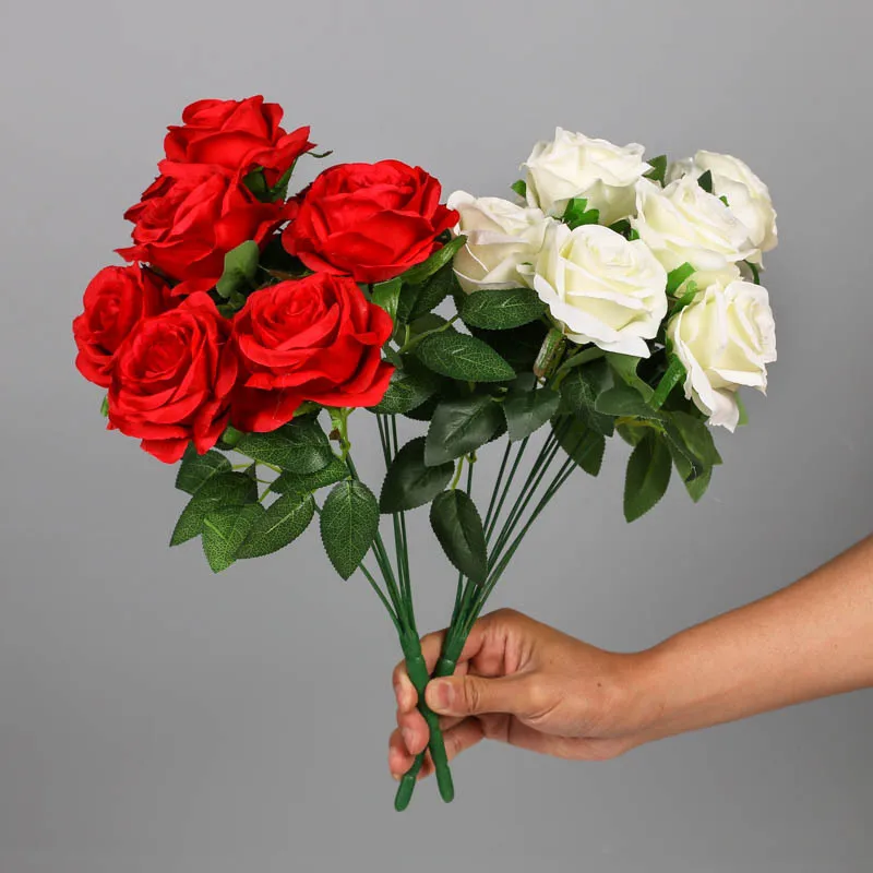 Rose Flower Bouquet Artificial White Red Flowers Wedding Decoration 9 Heads Silk Flowers Fake Roses Flores Home  Decor Bunch