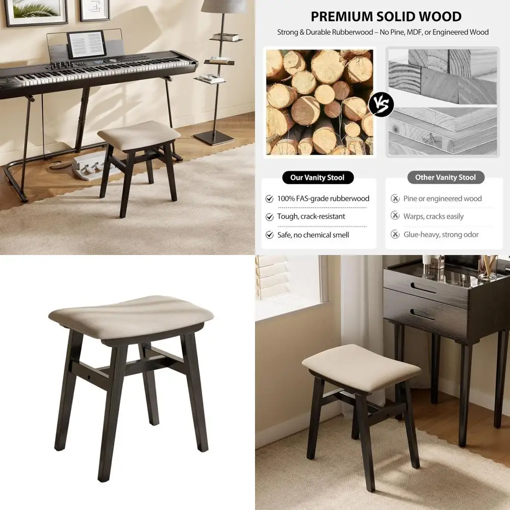 

Compact Solid Wood Makeup Chair with Cushion, High Rebound Sponge Seat, Easy Assembly for Home Use, Black