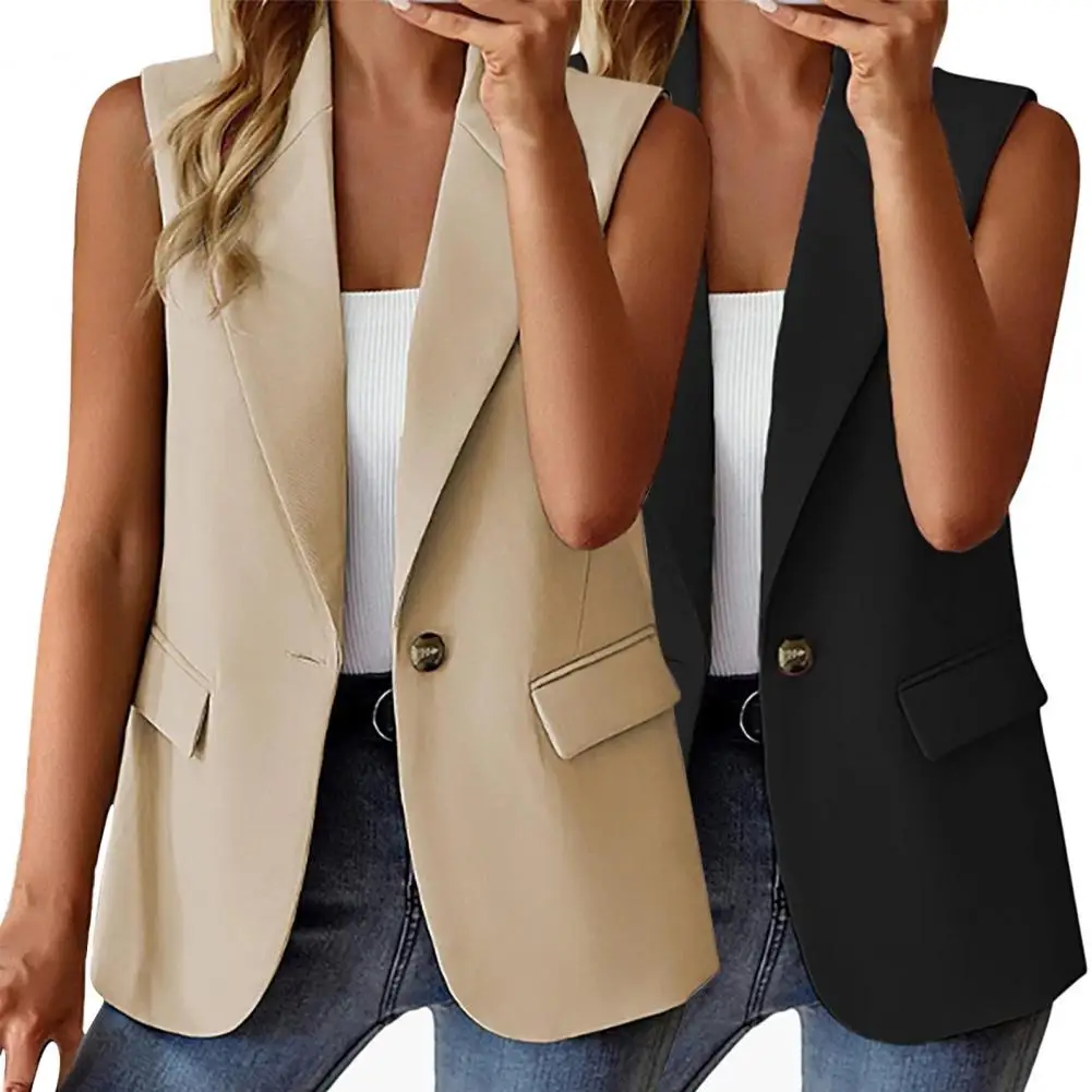 Women Summer Waistcoat Sleeveless Business Vest Coat Solid Color Pockets Single Button Straight Formal OL Style Commute Coat