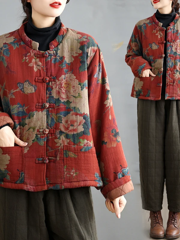 

Thiened Cotton Jaet ort с принтом в стиле ретро, художественная зимняя верхняя одежда, женская модная верхняя одежда большого размера для поездок на работу, Long Sve