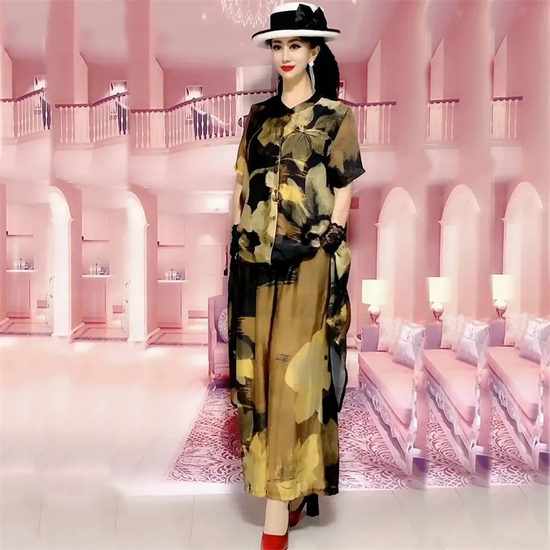 Summer Sets 5XL Silk Wide Leg Trouser Set Women's Spring Suit2025 New Westernized Silk Fashion Slim Two Piece Set Female Elegant