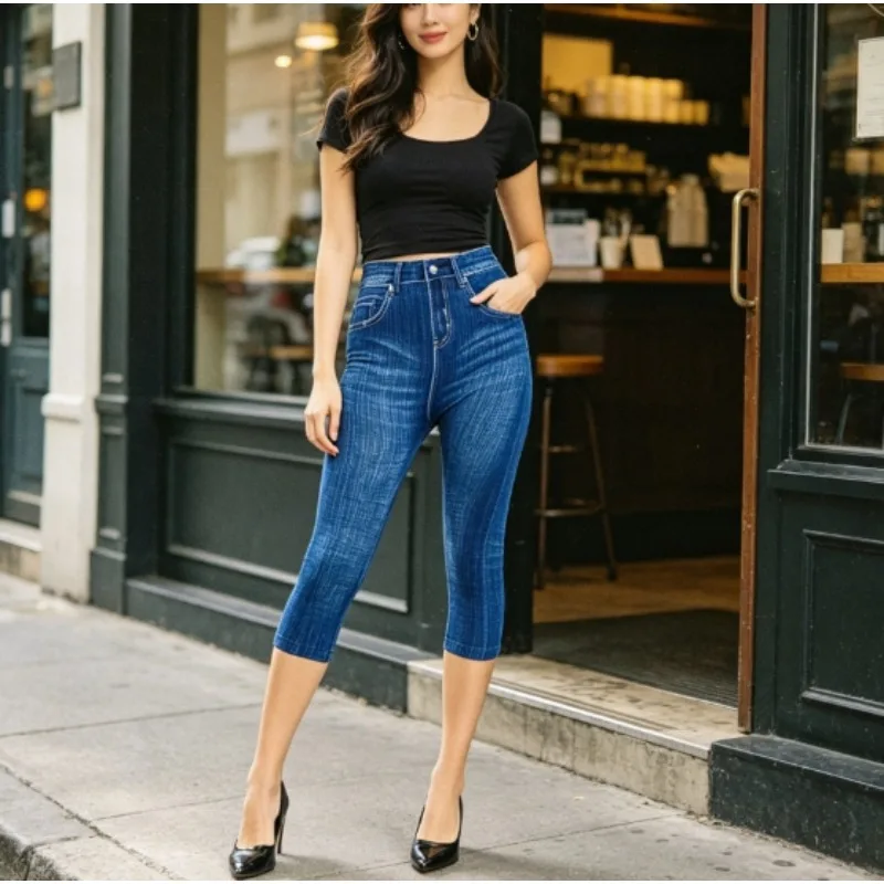 

Women's Stretchy Imitation Denim Printed Capri Pants High Waist Tight Fit Butt Lifting for Running Jogging and Lounge