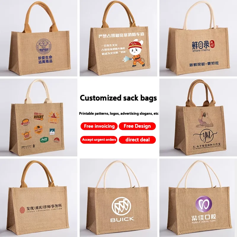 10pcs Burlap Bags Custom Logo Shopping Tote Bag Eco-Friendly Lunch Box Linen Women's DIY Canvas Bag Bag Printed Logo