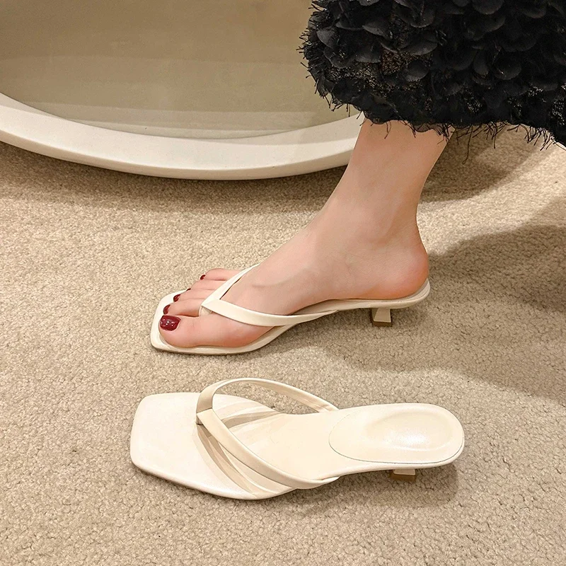 New Women's  Slippers Women Sandals with Narrow Band and Kitten Heel Mules Elegant Flip Flops Summer Shoes Women