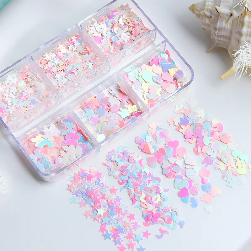 6 Grids/Box Dreamy Polarized Light Moon Stars Butterflies Rabbits Nail Enhancement Sequins  Manicure Ornaments