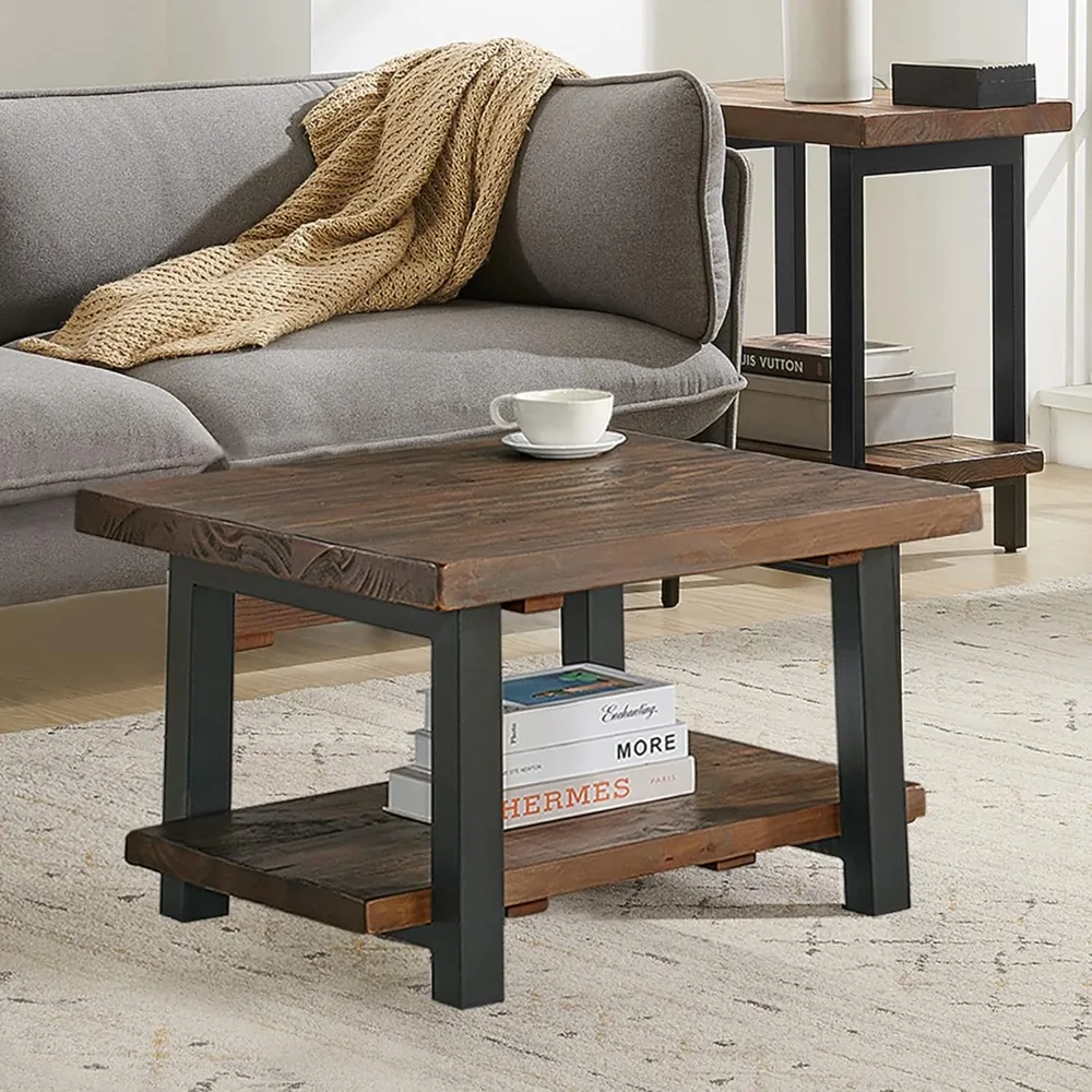 Rustic Natural Cube Coffee Table, Solid Pine Wood with Reclaimed Finish, Industrial Metal Legs, Brown, 27-Inch