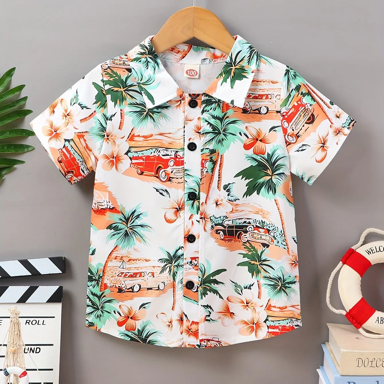 Boys Girls Colorful Dinosaur And Leaves Printe Button Down Shirt Casual Creative Kids Short Sleeve Comfy Summer Vacation Tops