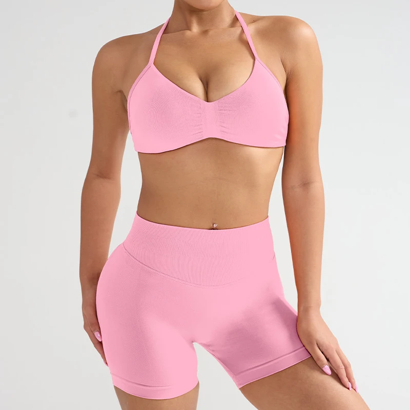 

2 Piece Set Impact Strappy Bra Gym Top Shorts Pocket Pants Sport Suit Strappy Gym Top Backless Clothes Workout Set