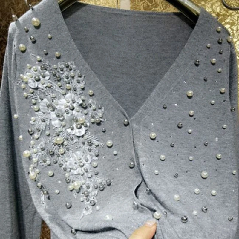 Shiny Luxury Pearls Beaded 3D FlowersThin Knitted Cardigan Sequins Rhinestone Sweater Coat Jumpers Crystal Knitwear Outwear Tops