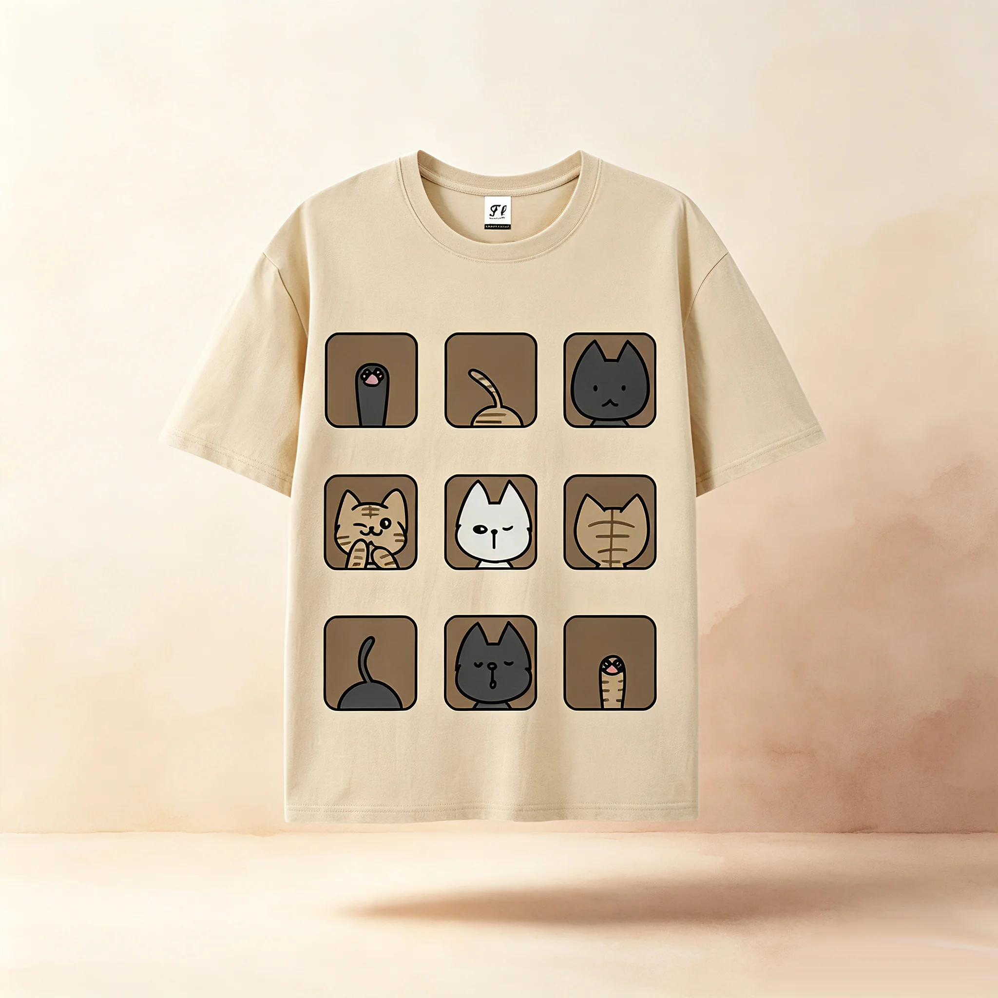 Cute Cat Grid Graphic T‑Shirt Funny Cartoon Kitten Print Short Sleeve Crew Neck Unisex Casual Cotton Tees For Cat Lovers