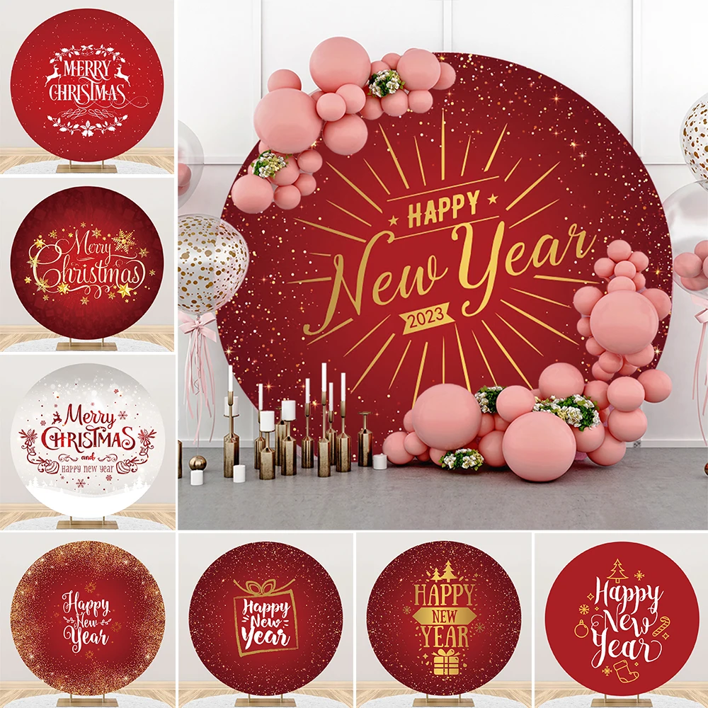 Red Custom Photography Backdrop Christmas Birthday Photo New Year 2023 Party Friends Family Celebration Decorative Round Props