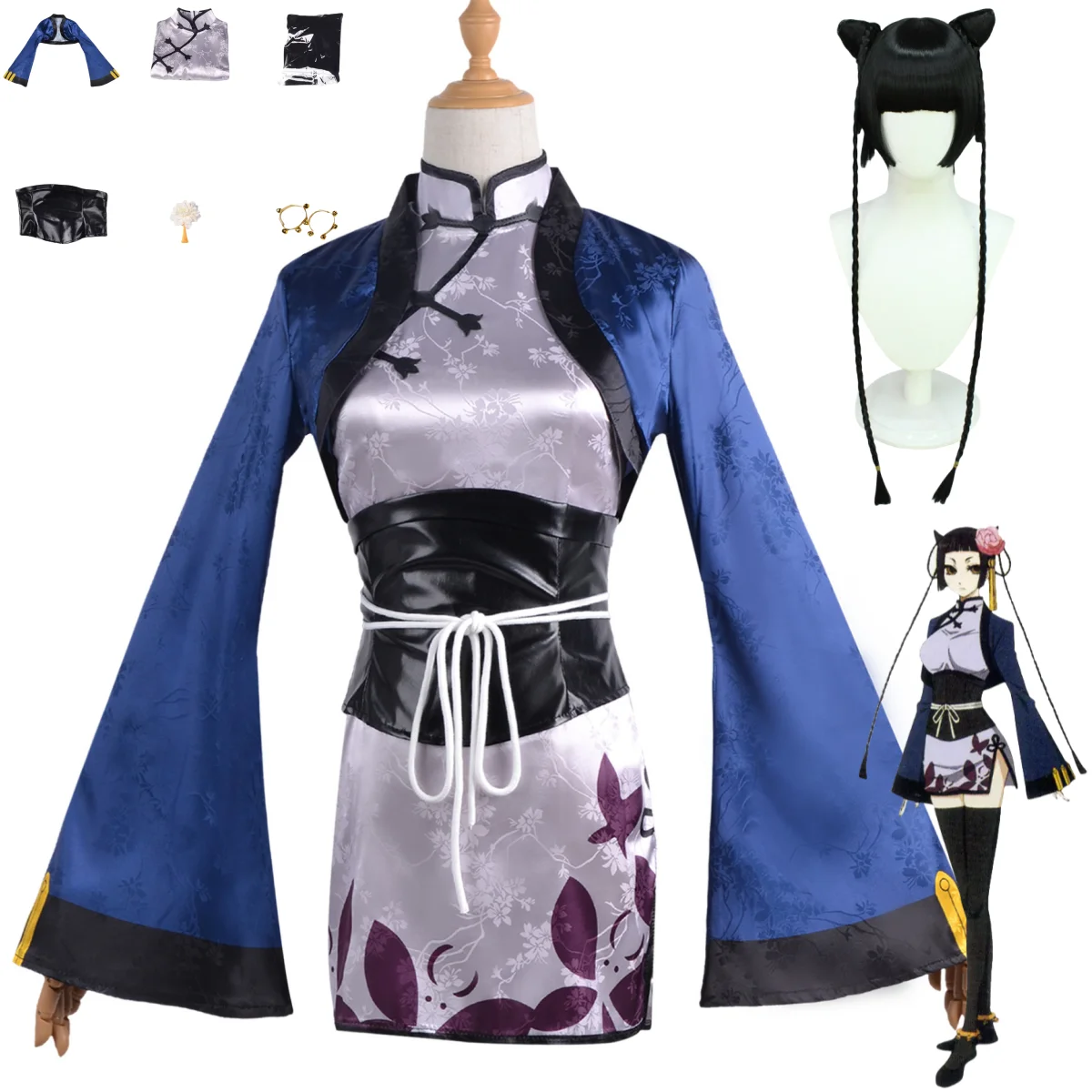 

Anime Ran Mao Cosplay Costume Chinese Style Cheongsam Dress Shawl Uniform Wig Woman Sexy Traditional Festival Suit