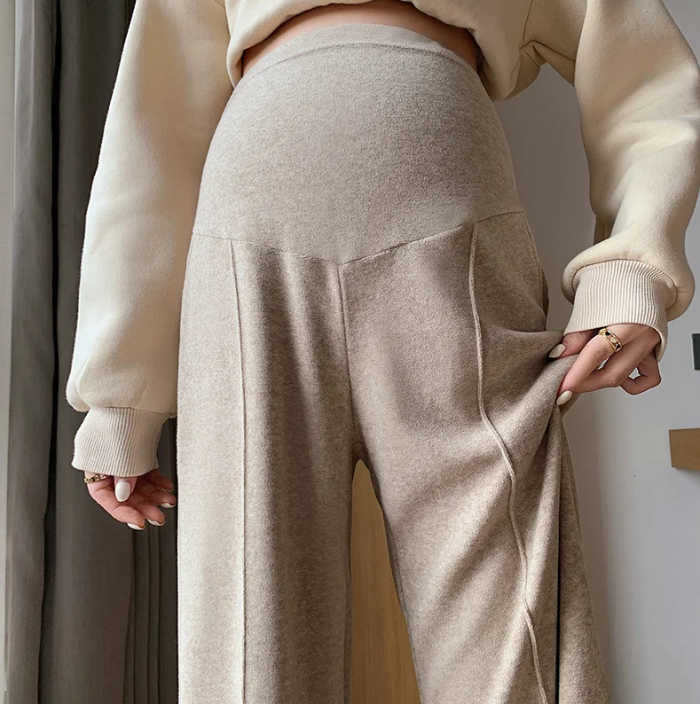 Autumn Winter Soft Cashmere Maternity Straight Pants Wide Leg Loose Straight Belly Trousers for Pregnant Women Pregnancy