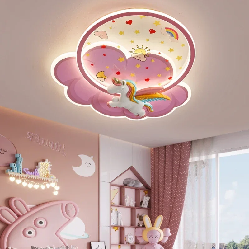 Princess Room Unicorn Ceiling Lamp Remote Control Optional Dimming LED Pink  Chandelier for Bedroom Nursery  Girl Kid