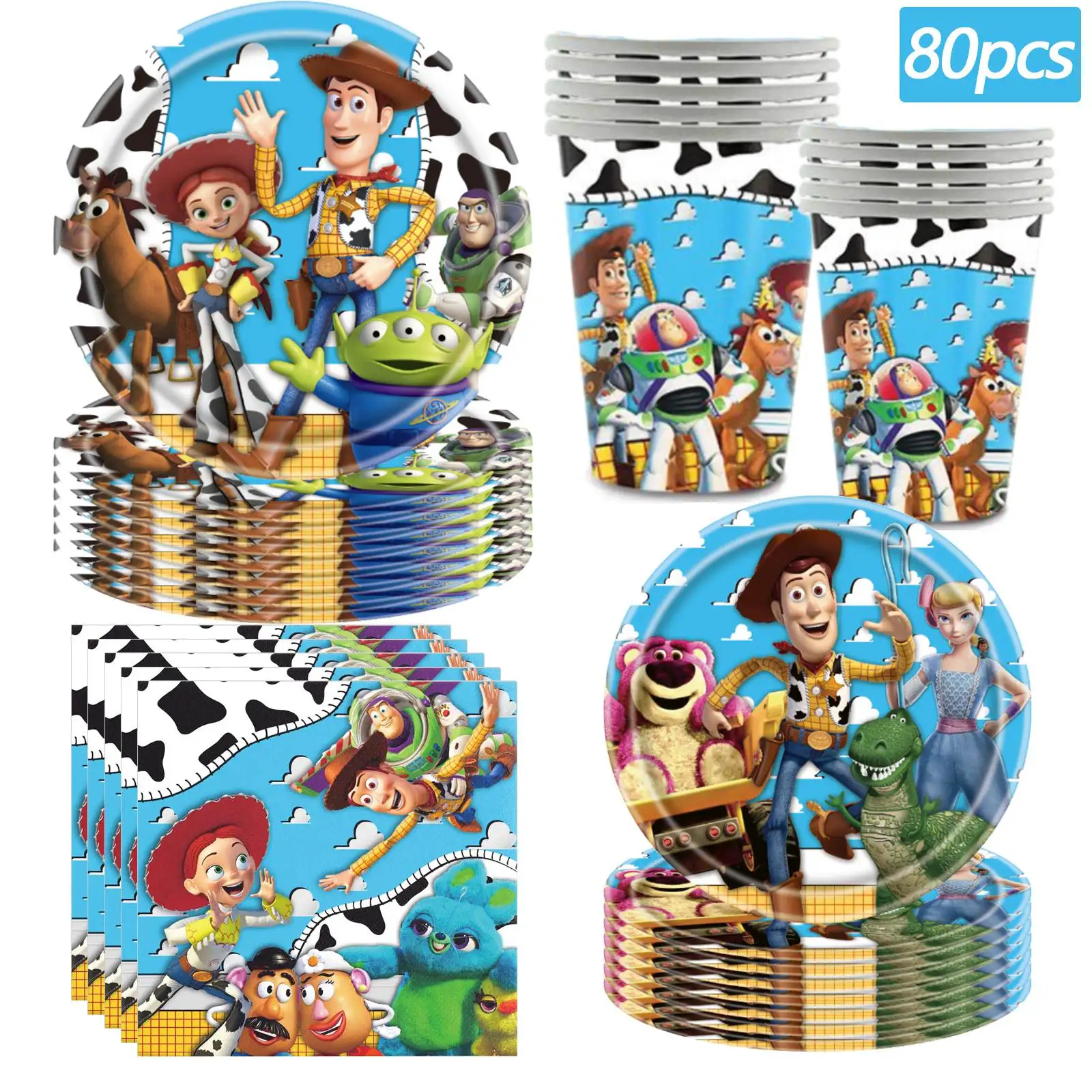 80 pièces d'accessoires pour fête d'anniversaire Toy Story, comprenant des assiettes en papier, des gobelets en papier, des serviettes pour la décoration de fête Toy Story