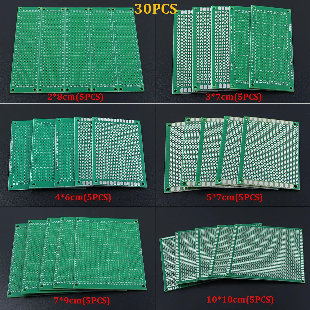 30Pcs/Lot DIY Universal Printed Circuit 2.54mm PCB Board Protoboard For DIY Soldering Project （2*8 3*7 4*6 5*7 7*9 10*10cm）
