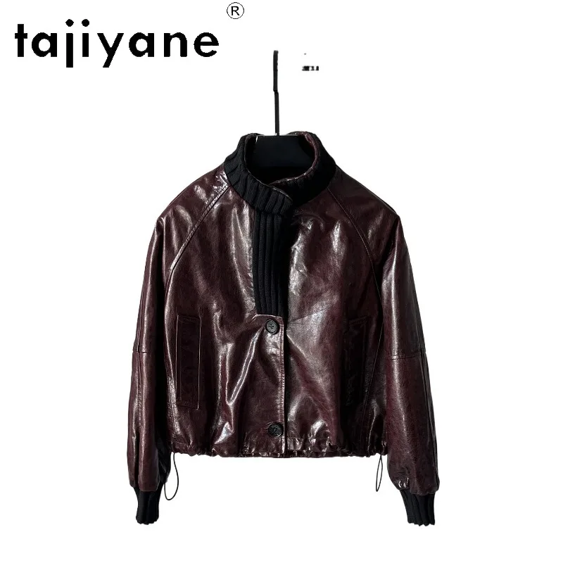 TAJIYANE Genuine Leather Jacket Woman Crystal Oil‑wax Sheepskin Coats Knitted Stand Collar Jackets for Woman Clothing Jaqueta
