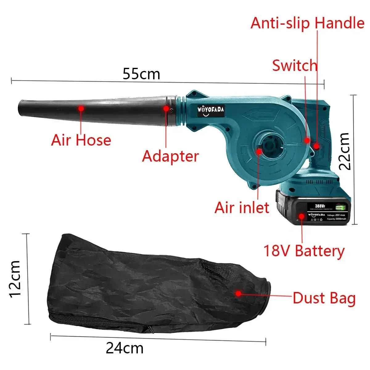 2 In 1 Cordless Electric Air Blower Vacuum Cleannig Blower Blowing & Suction Leaf Dust Collector For Makita 18V Battery