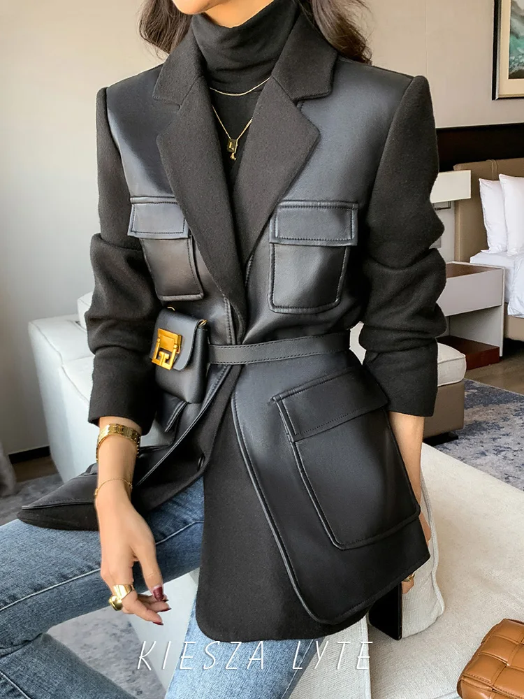 Fashion Street Women\'s Wool Coat 2024 Autumn Winter New PU Leather Patchwork Turn-down Collar Temperament Pocket leather jacket