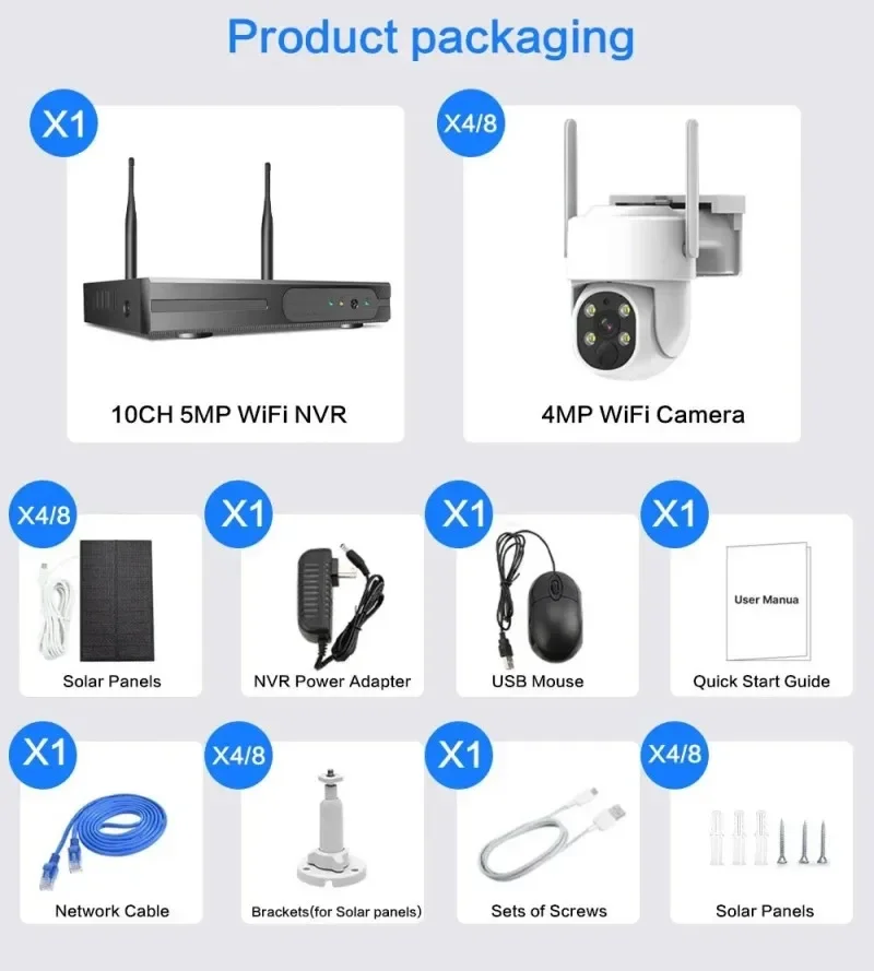 Camara De Seguridad 10CH 8CH 6CH 4CH 4MP طقم NVR لاسلكي للطاقة الشمسية الأمن PTZ واي فاي نظام مراقبة كاميرا CCTV في الهواء الطلق