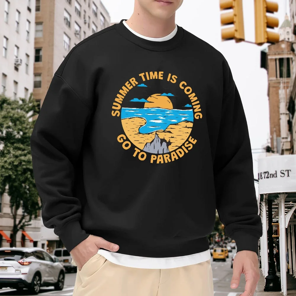 

Men's Black Crew Neck Loose Sweatshirt, Summer Beach-Themed Letter Print Top, Casual Street Style Versatile Pullover, Comfortable and Breathable for Everyday Wear