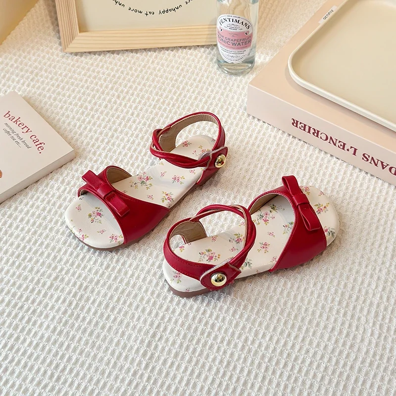 

Solid Bow Flower Insole Children's Princess Sandals Summer PU Flat Sandals for Girls Party Footwear Toddler Kids Fashion Shoes