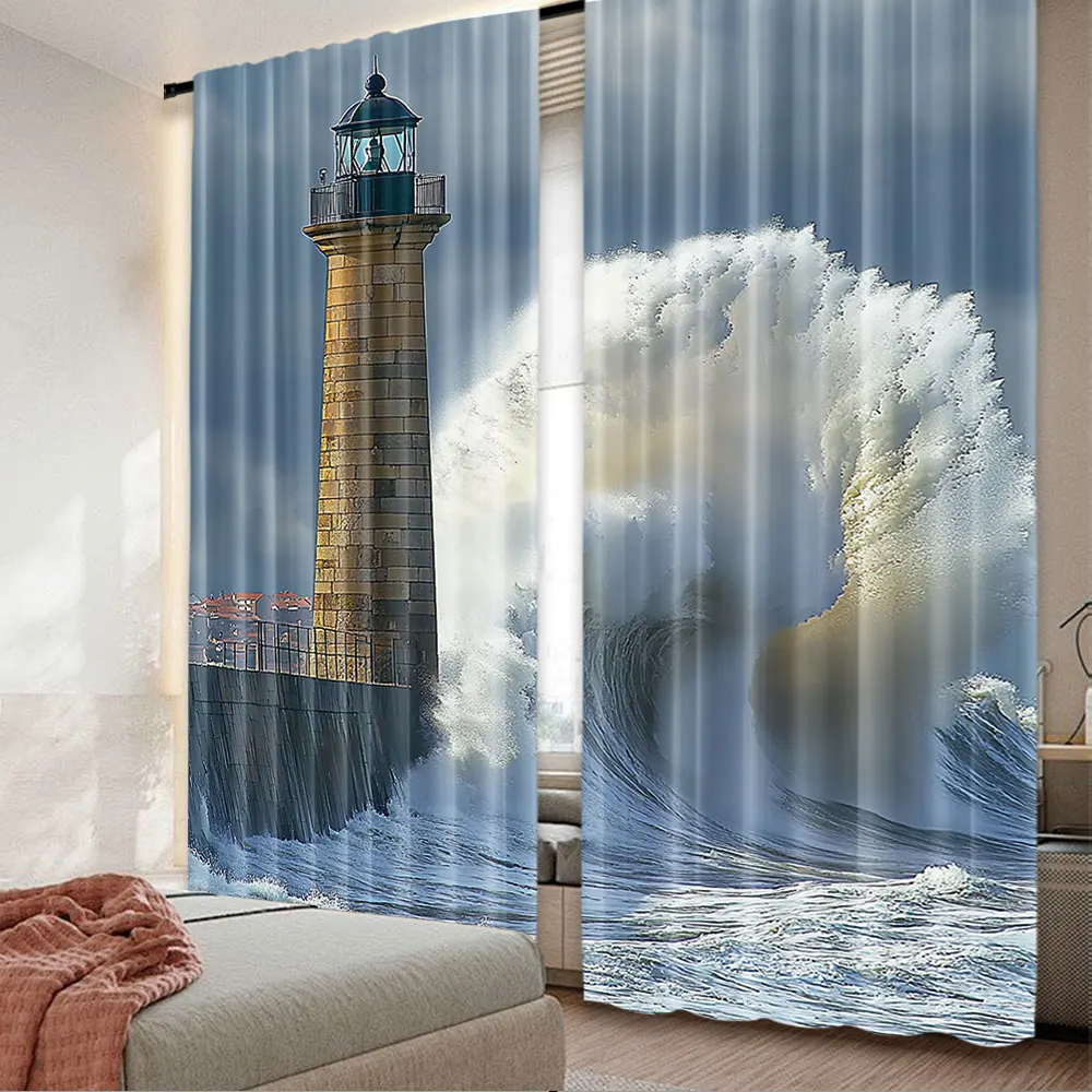 2Pcs Lighthouse Curtain Big Waves In A Storm Of Portuguese By The North Coast Catastrophe For Bedroom Living Room And Dining