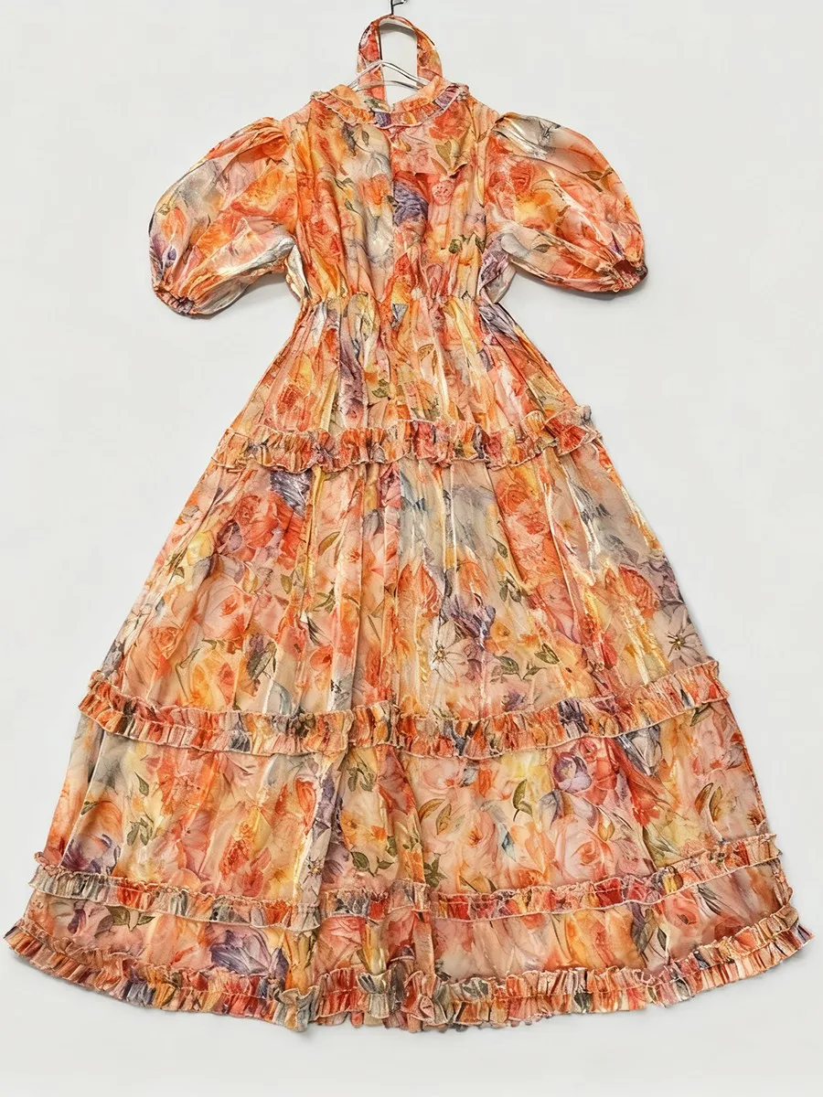 TWOTWINSTYLE Printing Spliced Fungus Folds Vintage Dresses for Women V Neck Half Sleeves High Waist Velvet Long Dress Female New